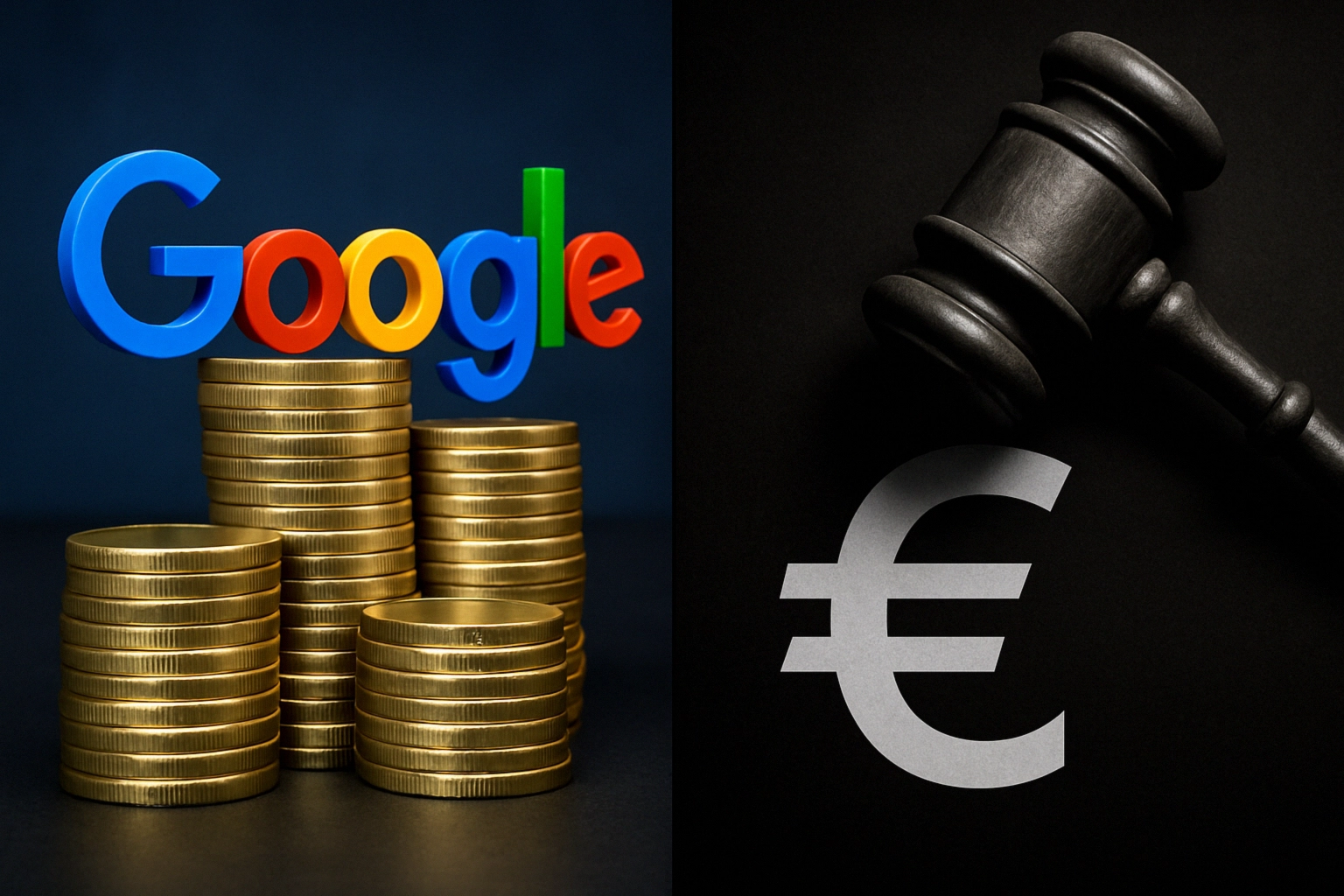 Colorful Google logo next to stacks of coins and a gavel on a dark background.