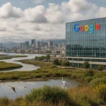 Современный офис Google у водоема с журавлями на фоне города.