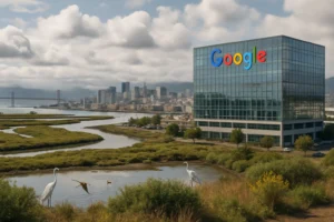 Google-Bürogebäude mit Stadtansicht im Hintergrund und Wasserlandschaft.