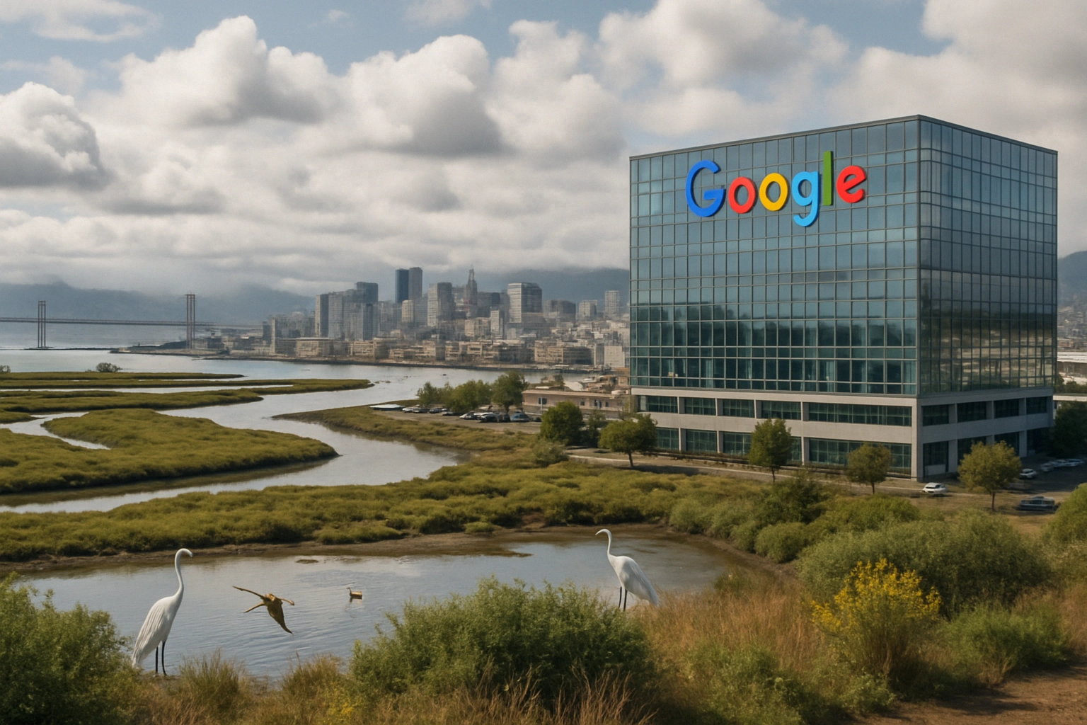 Современный офис Google у водоема с журавлями на фоне города.