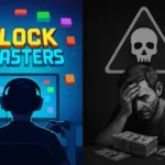 Diseño dividido que ilustra un videojuego y la angustia financiera de un jugador.