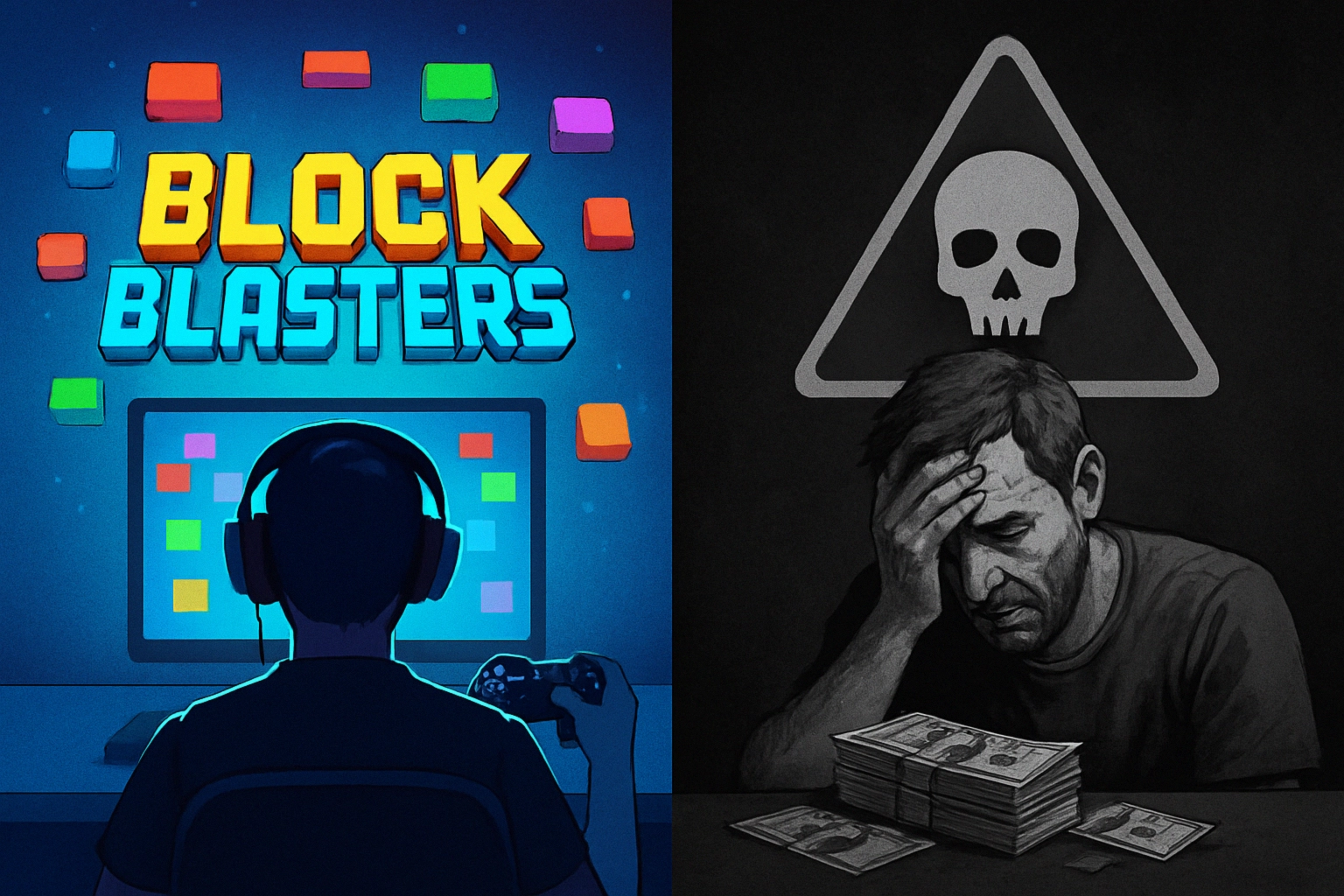 ** Split scene showing a gamer in headphones and a distressed man with money.