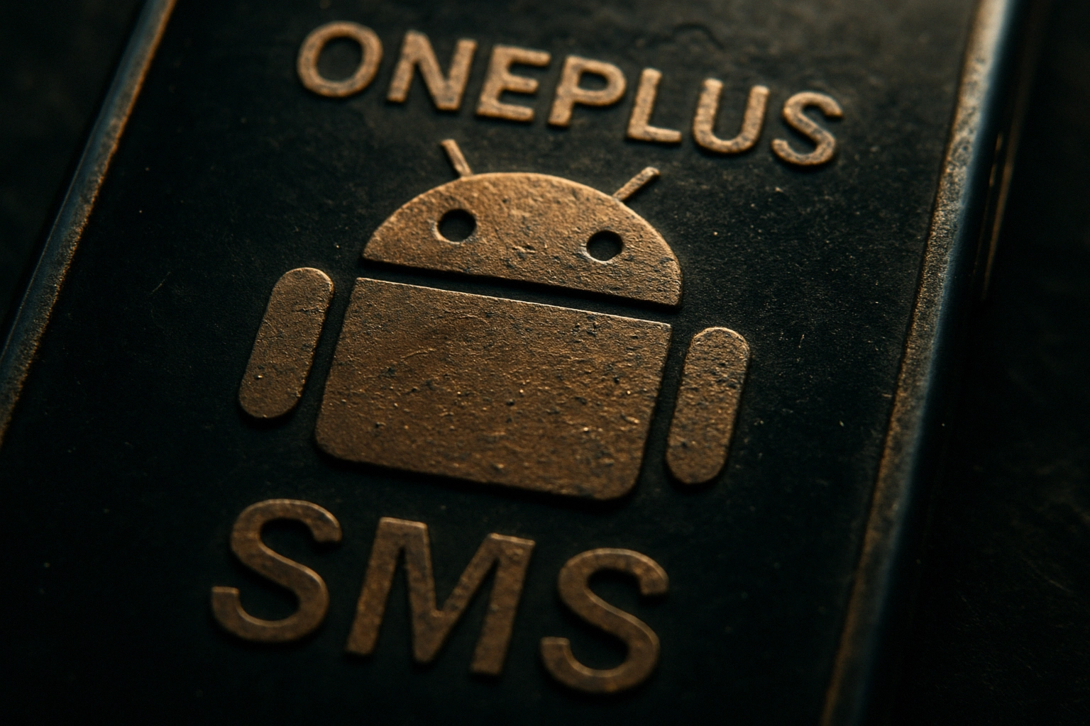 OnePlus SMS logo featuring Android mascot with a dark background.