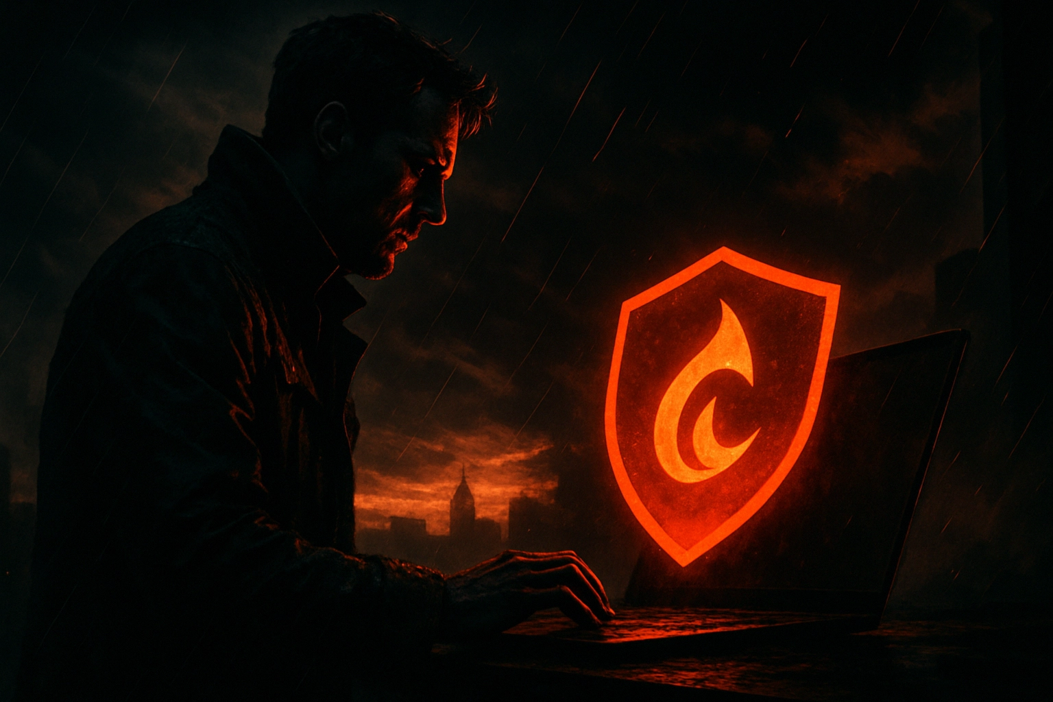 Microsoft Edge will automatically detect and revoke malicious sideloaded extensions Man silhouetted against a dark stormy backdrop, typing on a laptop illuminated by a shield logo.