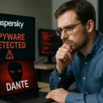 Mann mit Brille nachdenklich vor Monitoren mit Spyware-Alarm.