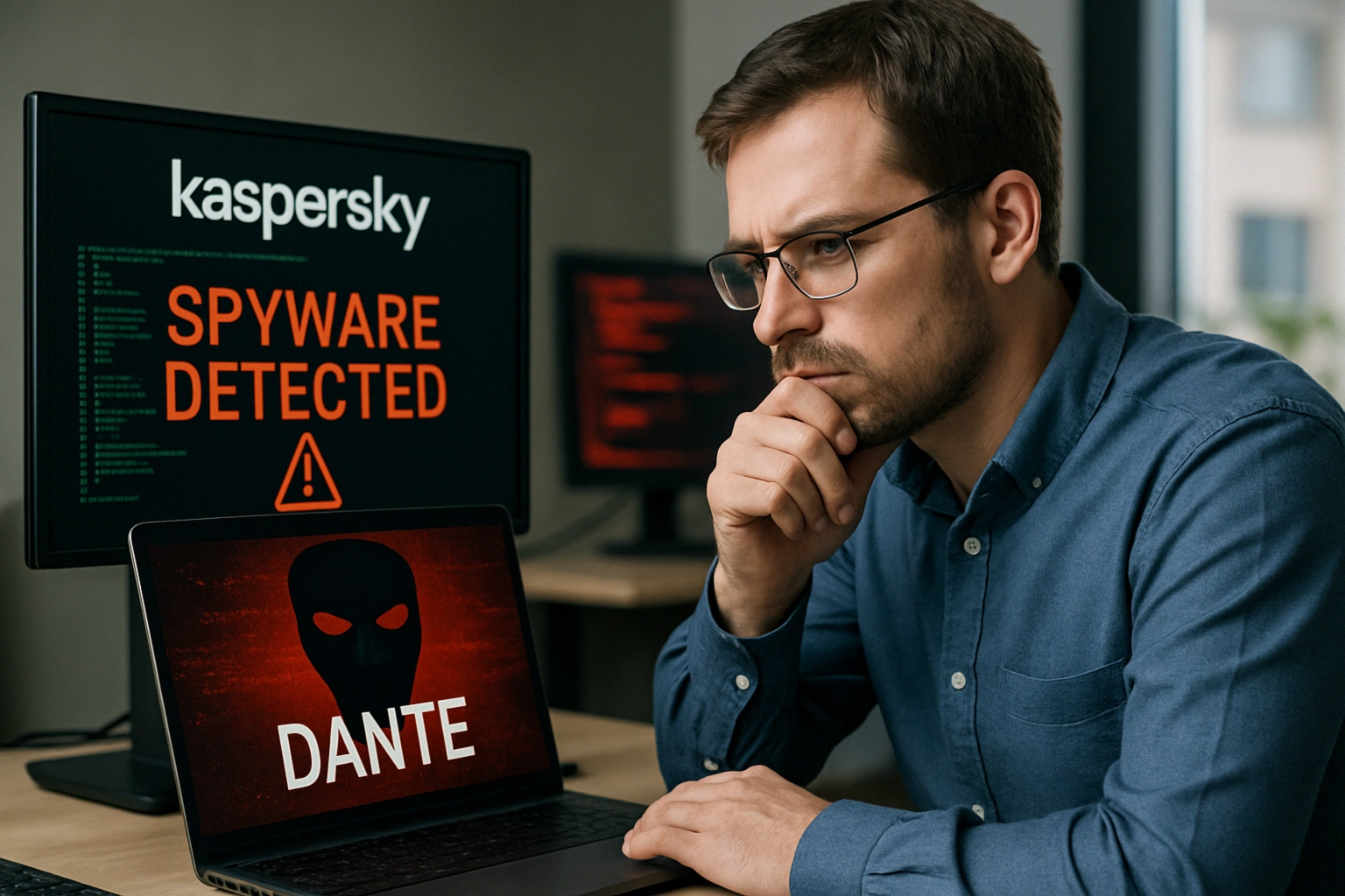 Mann mit Brille nachdenklich vor Monitoren mit Spyware-Alarm.