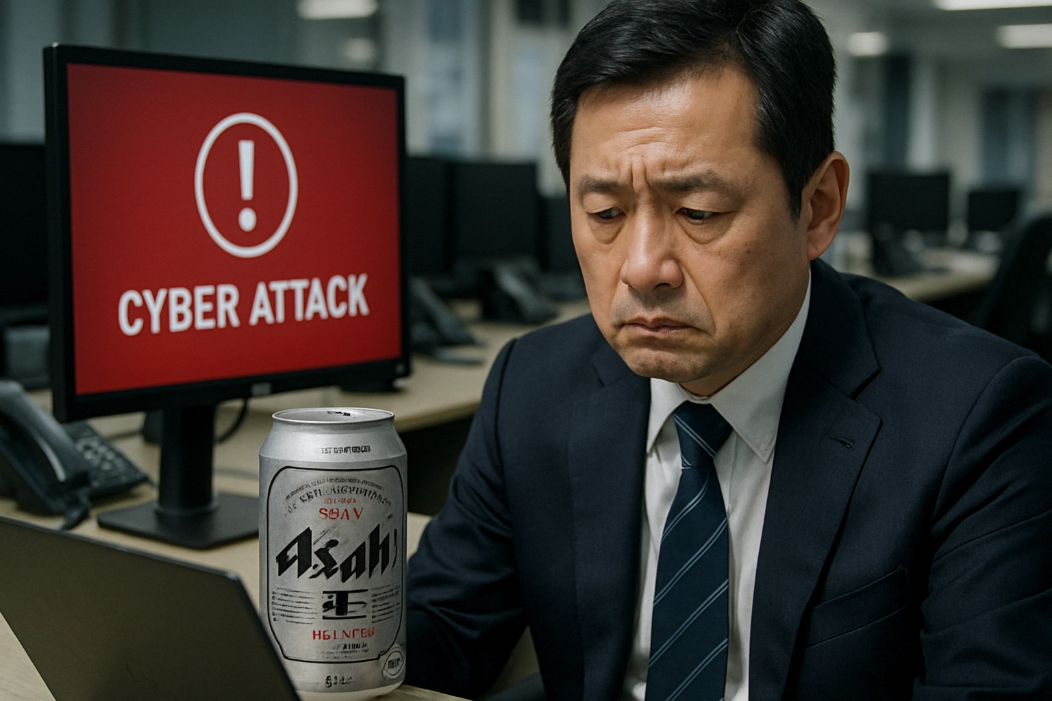 Asahi cyberattack disrupts orders, logistics, and production in Japan Man in suit appears distressed while looking at a "CYBER ATTACK" alert on screen.