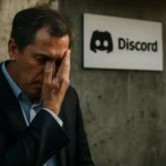 Man in a suit stands by a Discord sign, visibly distressed with hand on face.