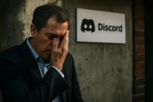 Discord support breach fuels third‑party risk debate as 5CA disputes involvement Man in a suit stands by a Discord sign, visibly distressed with hand on face.