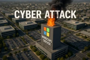 Hochhaus mit brennendem Server während eines Cyberangriffs.