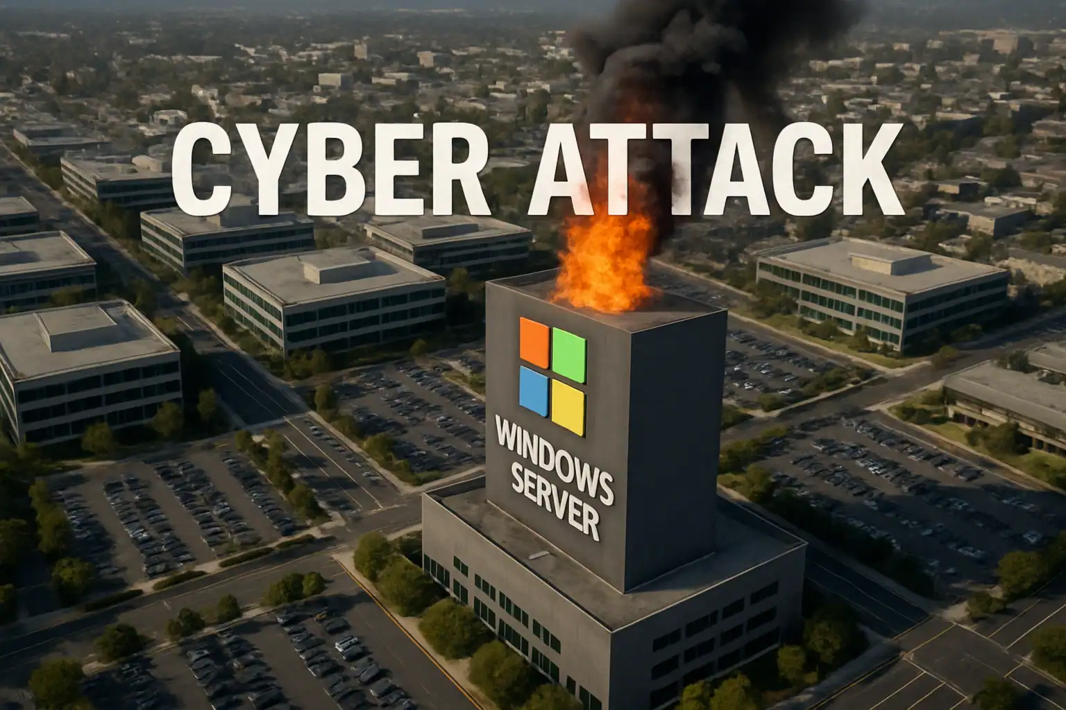 Пылающий серверный центр с надписью "Кибератака" на фоне городских зданий.