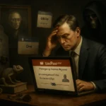 Besorgter Mann sitzt vor einem Laptop, während eine schattenhafte Gestalt im Hintergrund lauert.