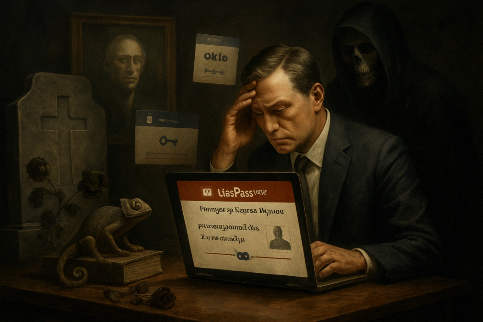 Besorgter Mann sitzt vor einem Laptop, während eine schattenhafte Gestalt im Hintergrund lauert.