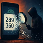 Hooded figure analyzing smartphone displaying digital numbers.