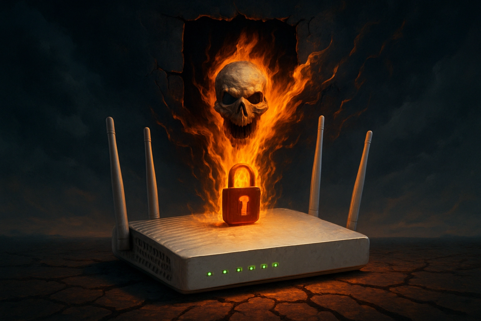 Alerta de seguridad: CVE-2025-10547 permite RCE sin autenticación en routers DrayTek Vigor Router emitiendo fuego y un cráneo, simbolizando peligro cibernético.