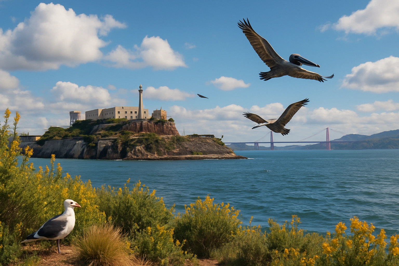Seagulls fliegen über das Wasser vor einer historischen Festung bei sonnigem Wetter.