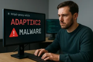 Man monitors screen displaying malware alert in a tech workspace.