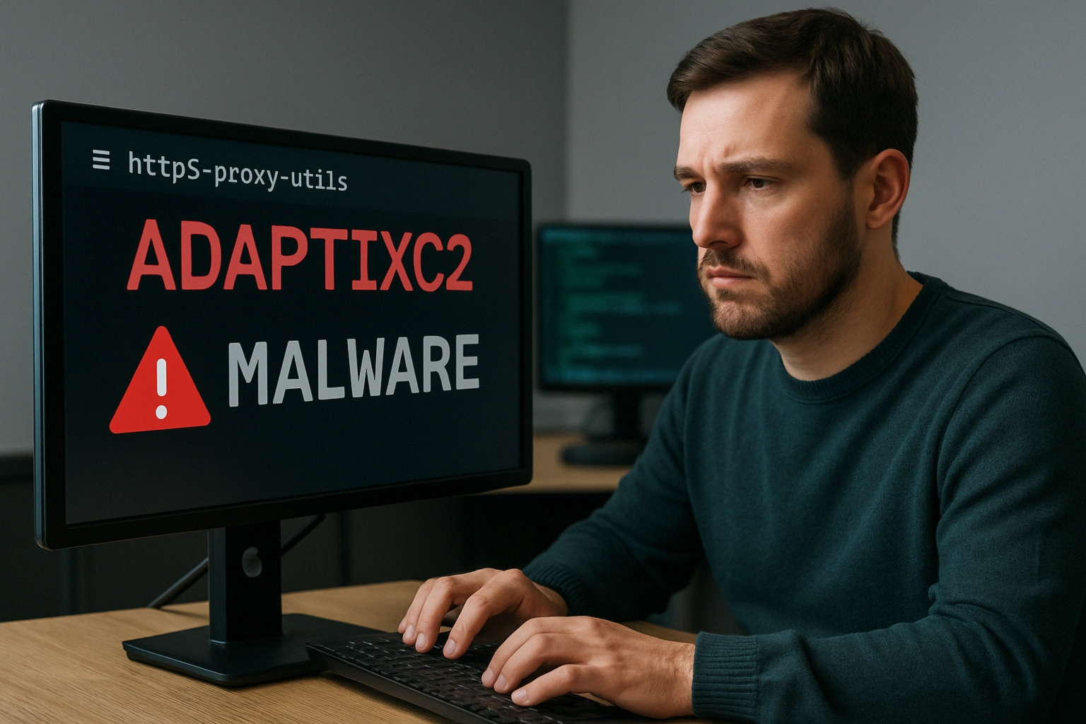 Hombre preocupado frente a una computadora mostrando alerta de malware.