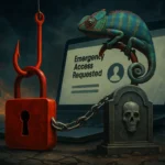 Chameleon und Schloss in düsterer Umgebung mit Laptop-Hinweis.