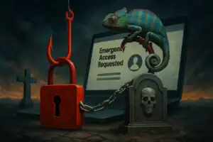 Camaleón sobre una computadora, candado y cadena, ambiente oscuro.