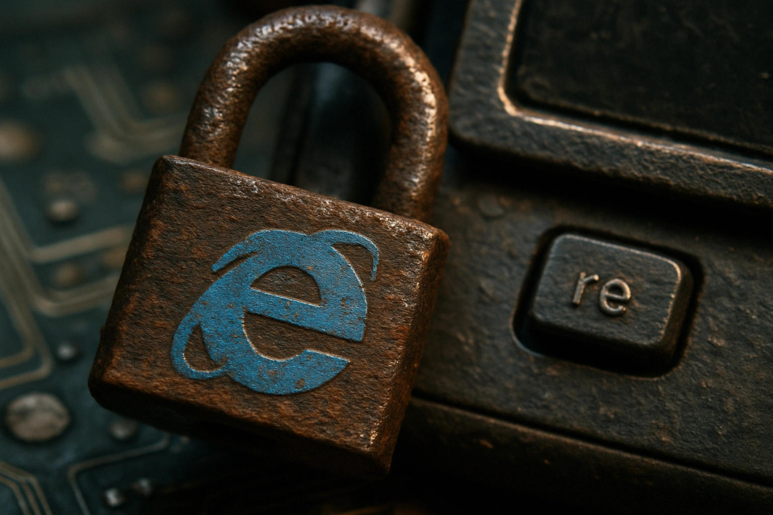 IE Mode в Microsoft Edge ужесточен после целевых атак: анализ угроз и практические меры защиты Ржавый замок с логотипом Internet Explorer на фоне клавиатуры.