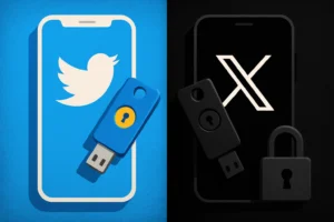 Digital art contrasting Twitter and X with security symbols on smartphones.