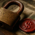 Rostiger Vorhängeschloss neben einem Wachs-Siegel auf Geldscheinen.