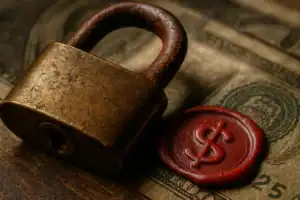 Candado de bronce sobre billetes y un sello rojo con símbolo de dólar.