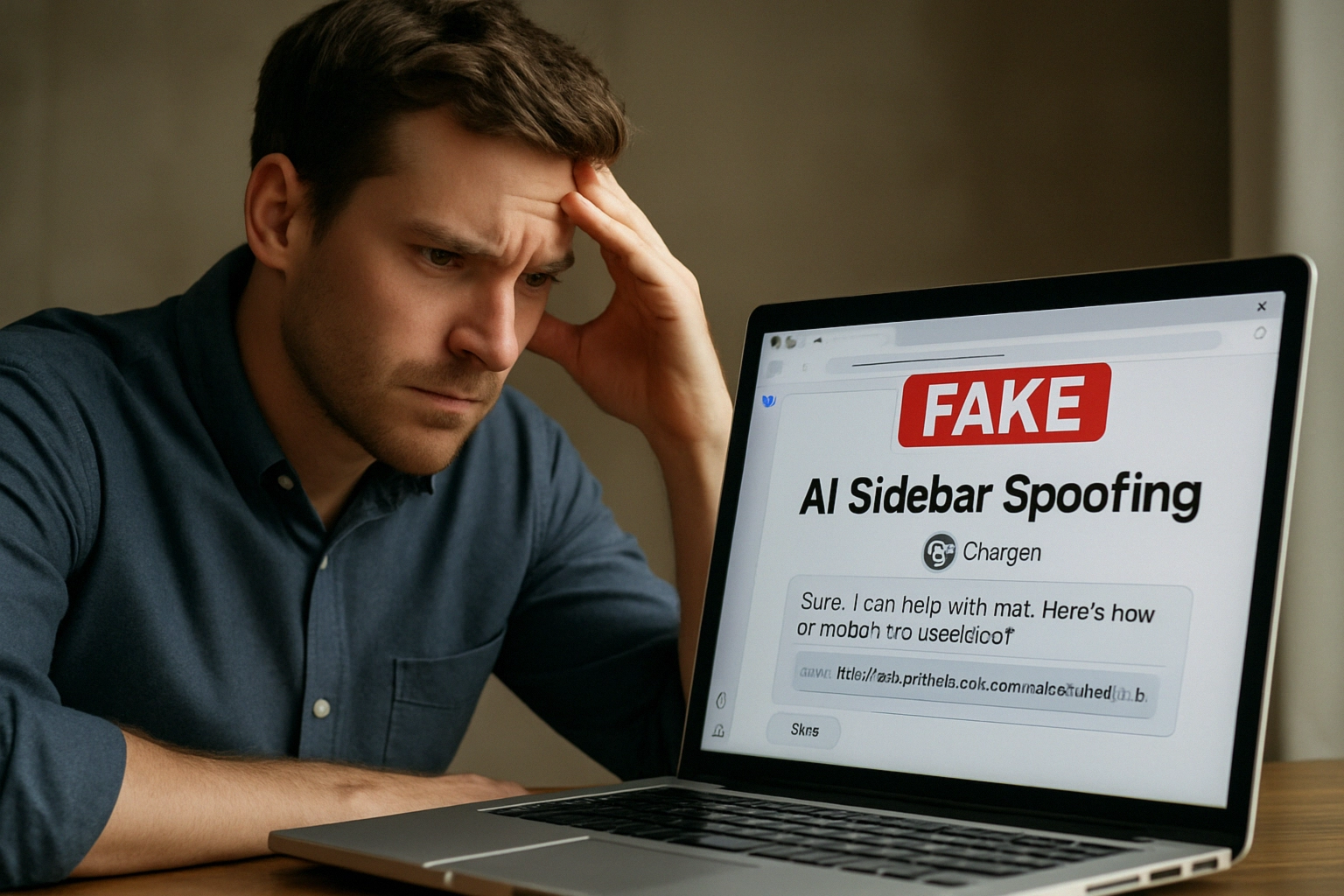 Man looks concerned while viewing a fake AI sidebar spoofing message on his laptop.