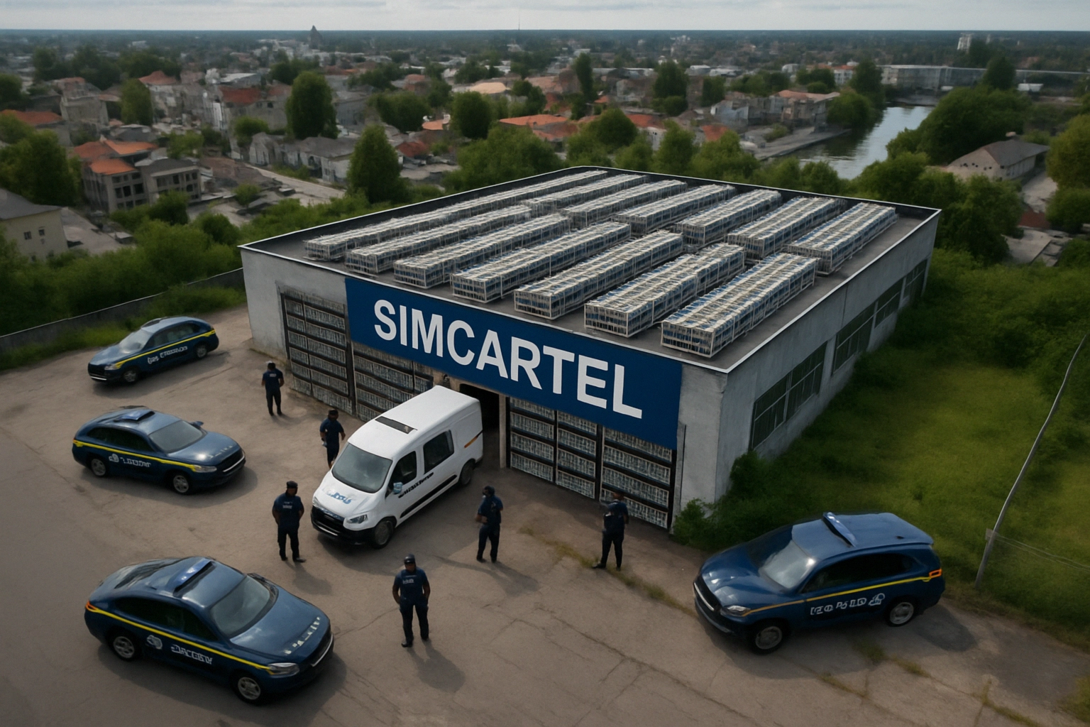 ** Grupo de policías y vehículos cerca de un edificio con el letrero "SIMCARTEL".