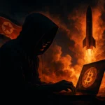 Hacker in Kapuzenpulli sitzt vor einem Laptop, während ein Raketenstart im Hintergrund zu sehen ist.