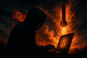 North Korean Crypto Theft Hits Record $2B in 2025: Elliptic Analysis and Security Guidance Hooded figure using a laptop with a Bitcoin logo, flanked by flames and a missile.