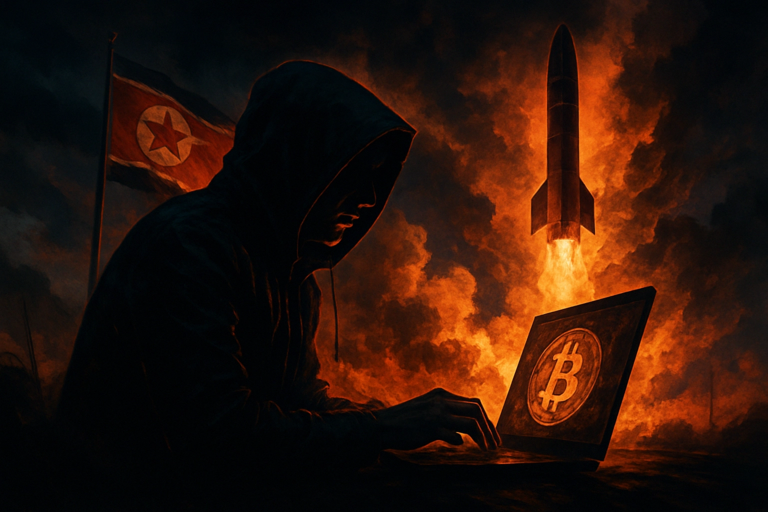 Hackers norcoreanos baten récord de robo cripto en 2025, con más de $2.000 millones Persona con capucha frente a una laptop, con un cohete despegando.