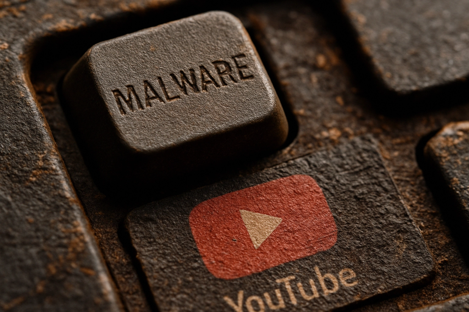 Close-up of a keyboard showing a "MALWARE" key and YouTube logo key.