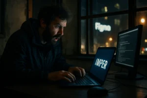 CVE-2025-53967: исправленная уязвимость RCE в figma-developer-mcp и что она значит для безопасности AI-инструментов Человек в темной комнате удивленно смотрит на экран ноутбука.