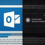 Split-screen showing Outlook logo and an error message about starting Outlook.