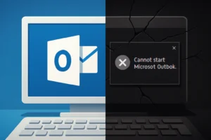 Split-screen showing Outlook logo and an error message about starting Outlook.