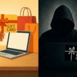 Jingle Thief: Identity‑Centric Attacks on Microsoft 365 Fuel Large‑Scale Gift Card Fraud Hand holding a gift card next to a laptop, contrasting with a shadowy figure.