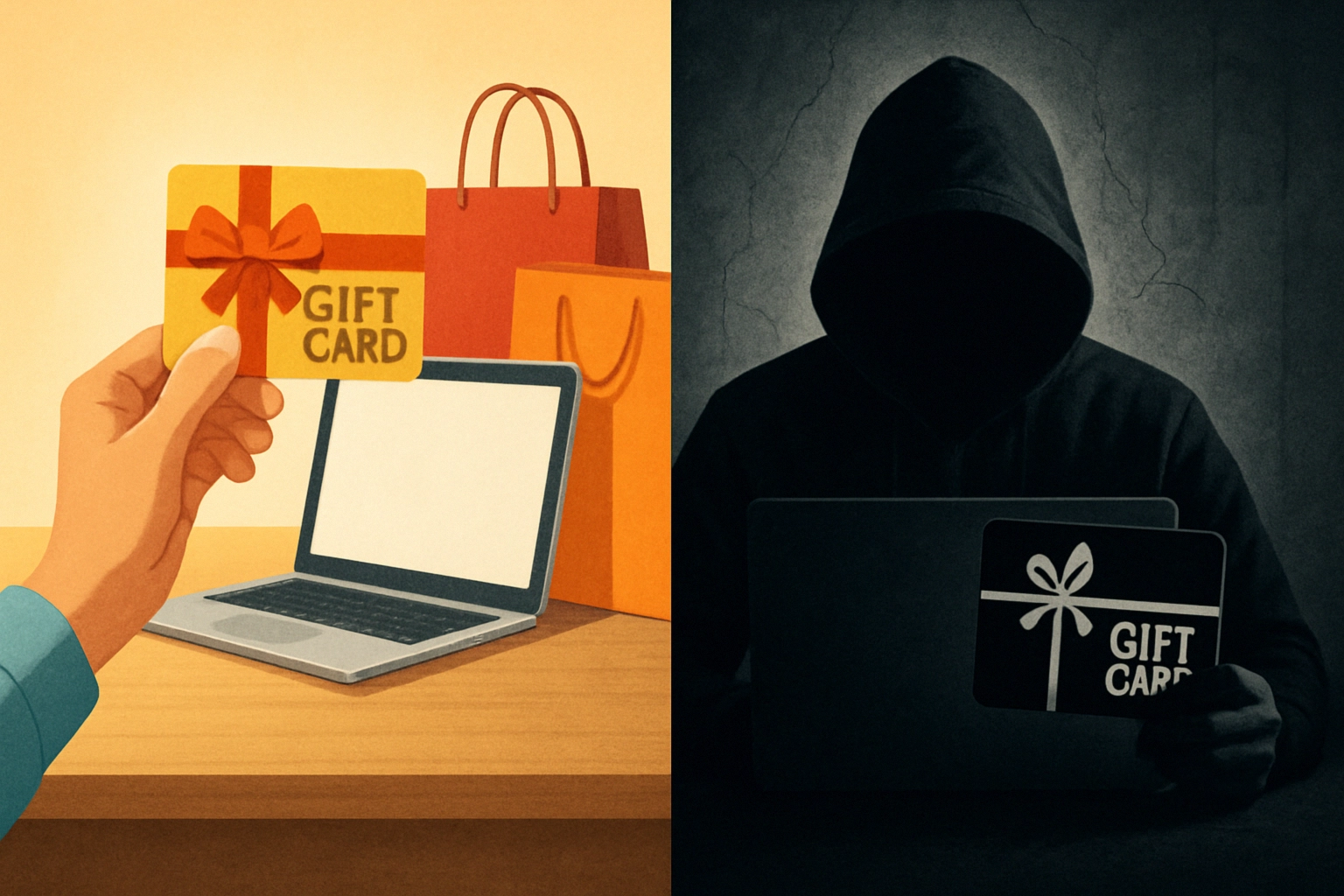 Hand holding a gift card next to a laptop, contrasting with a shadowy figure.