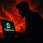 131 Chrome Extensions Weaponize WhatsApp Web for Bulk Messaging, Socket Warns Man using a laptop with a visible WhatsApp Web screen against a dramatic backdrop.