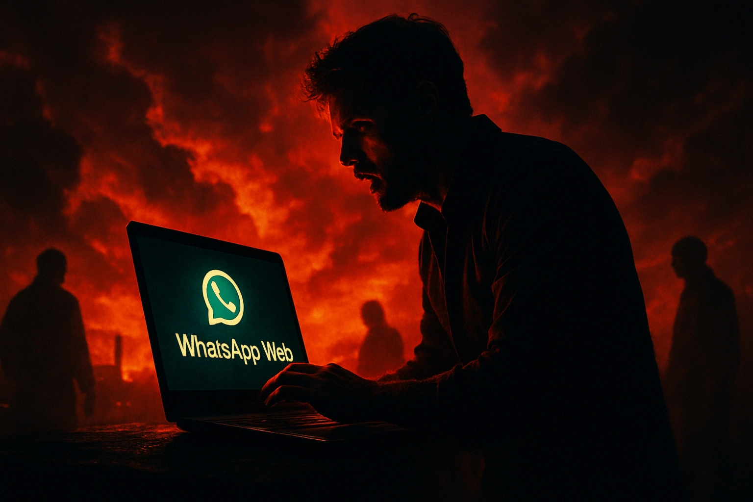 Socket виявила 131 розширення для WhatsApp Web у Chrome Web Store: як працює white‑label індустрія спаму Чоловік користується WhatsApp Web на тлі вогняного пейзажу.