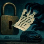 Bedrohliche Gestalt reißt einen Identitätsnachweis neben einem Schloss und einem Auto.