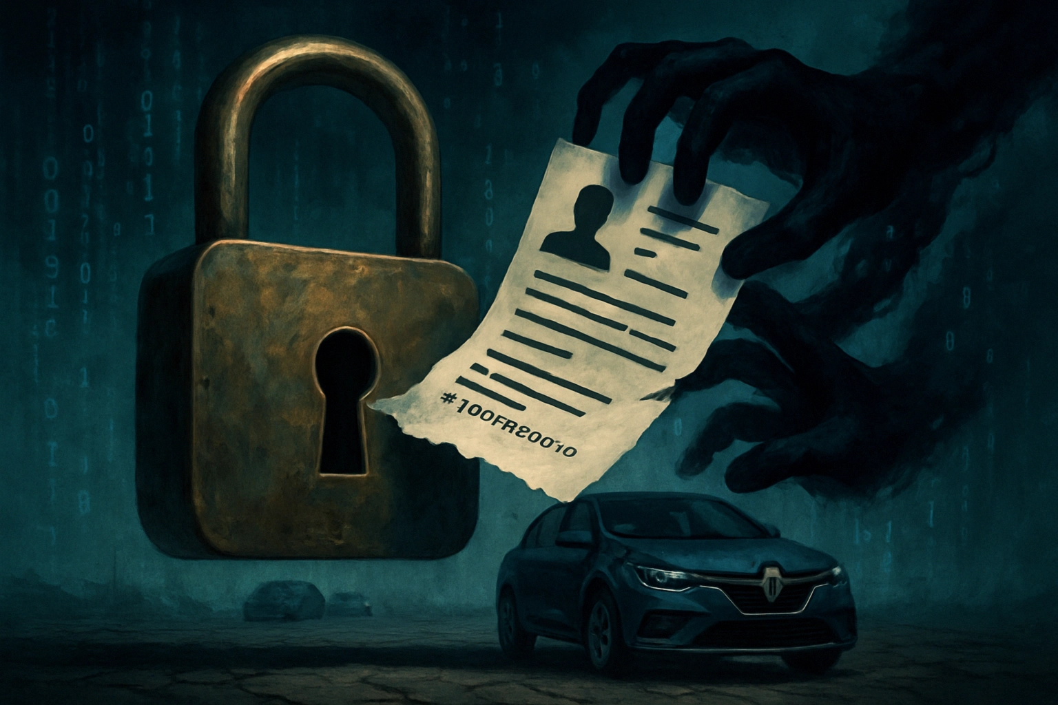 Brecha de datos en Renault y Dacia UK tras ciberataque a proveedor: análisis y recomendaciones Mano oscura sostiene un documento junto a un candado y un auto Renault.