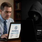A man in a suit uses a laptop, contrasting with a hooded figure behind another laptop.