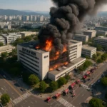 Large building engulfed in flames with thick smoke rising into the sky.
