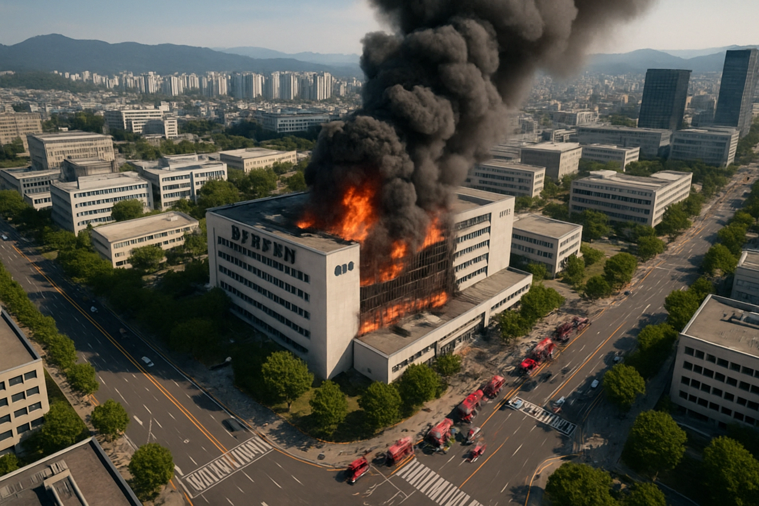 Dos incendios en centros de datos provocan “parálisis digital” en Corea del Sur: qué falló y cómo evitarlo Edificio en llamas emitiendo densa columna de humo negro en una ciudad.