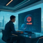 Mann arbeitet an einem futuristischen Computer in einem modernen Büro mit Stadtblick.