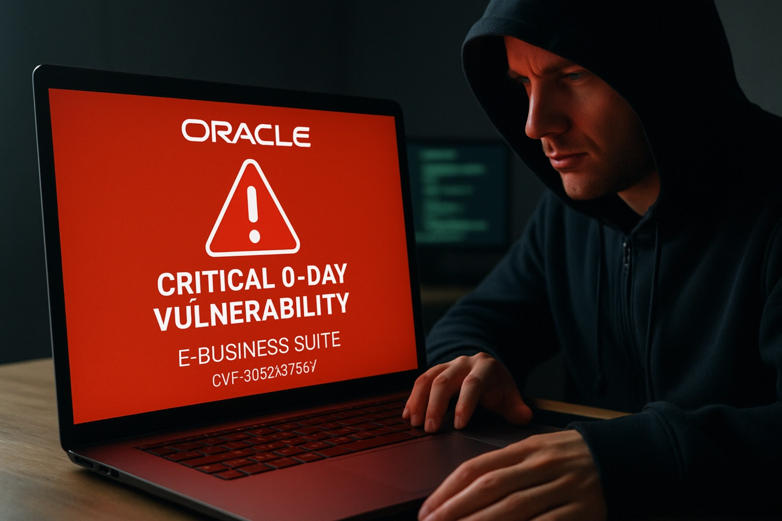 Oracle E‑Business Suite zero‑day CVE‑2025‑61882 under active exploitation: what to patch and how to defend Individual focused on a laptop displaying a critical security alert.