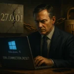 Windows 11 updates disrupt HTTP/2 on localhost (127.0.0.1): what broke and how to mitigate Man in a suit troubled by a computer error while working on a laptop.