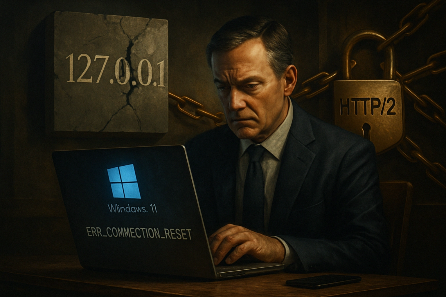 Октябрьские обновления Windows 11 нарушили HTTP/2 на localhost: причины, симптомы и решения Мужчина в деловом костюме выглядит обеспокоенным, работая с ноутбуком.